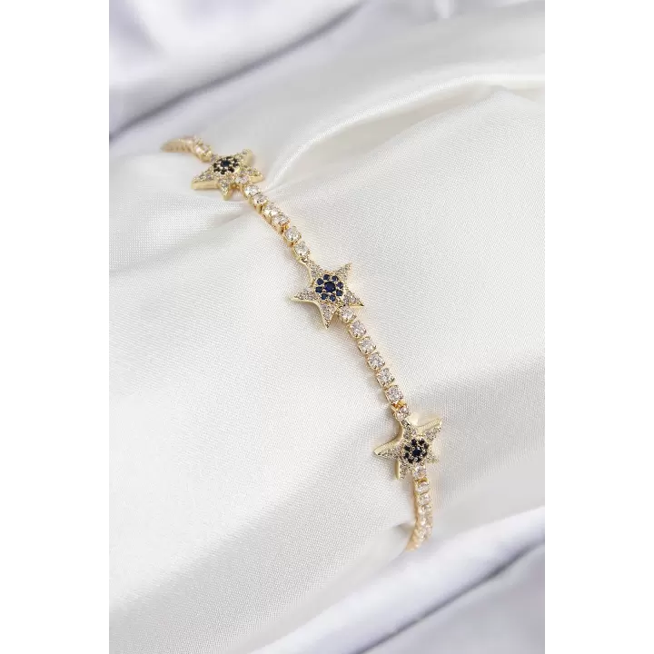 Pirinç Zirkon Taşlı Yıldız Model Gold Renk Kadın Bileklik