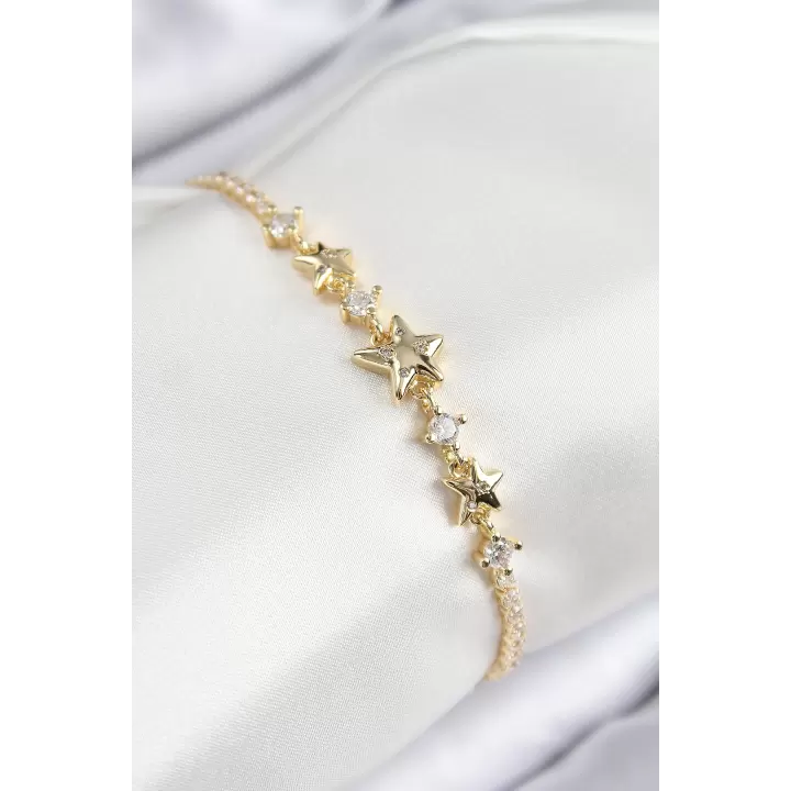 Pirinç Zirkon Taşlı Yıldız Model Gold Renk Kadın Bileklik