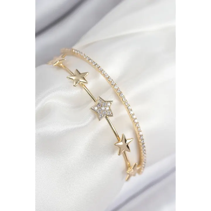 Pirinç Zirkon Taşlı Yıldız Model Gold Renk Kadın Bileklik