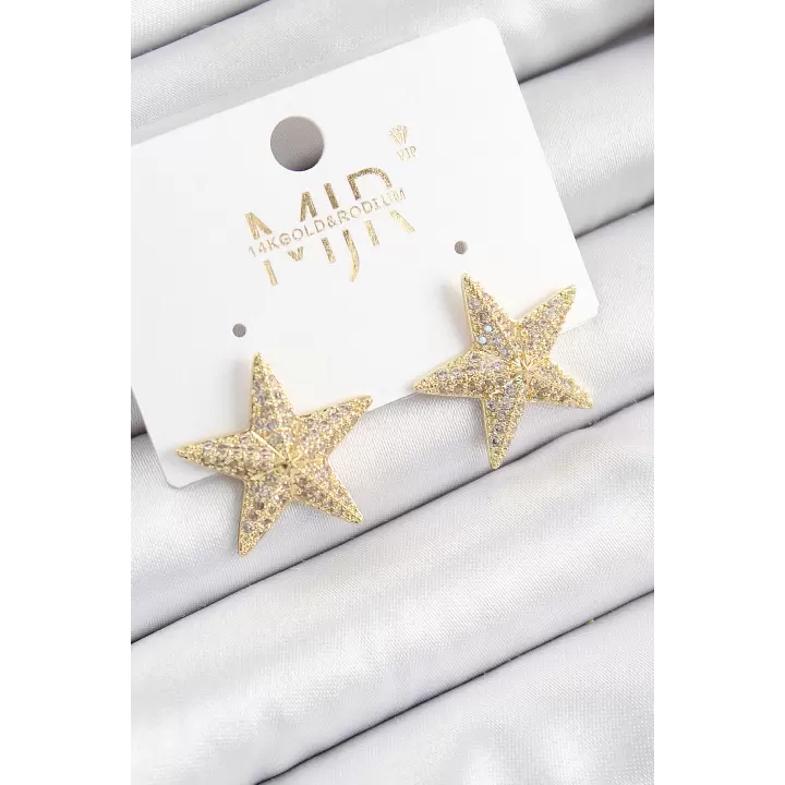 Pirinç Zirkon Taşlı Yıldız Model Gold Renk Kadın Küpe