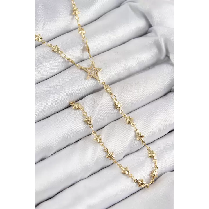 Pirinç Zirkon Taşlı Yıldız Model Gold Renk Y Kolye