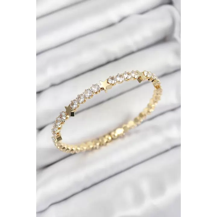 Pirinç Zirkon Taşlı Yıldız Model Gold Renk Yaylı Kadın Bileklik