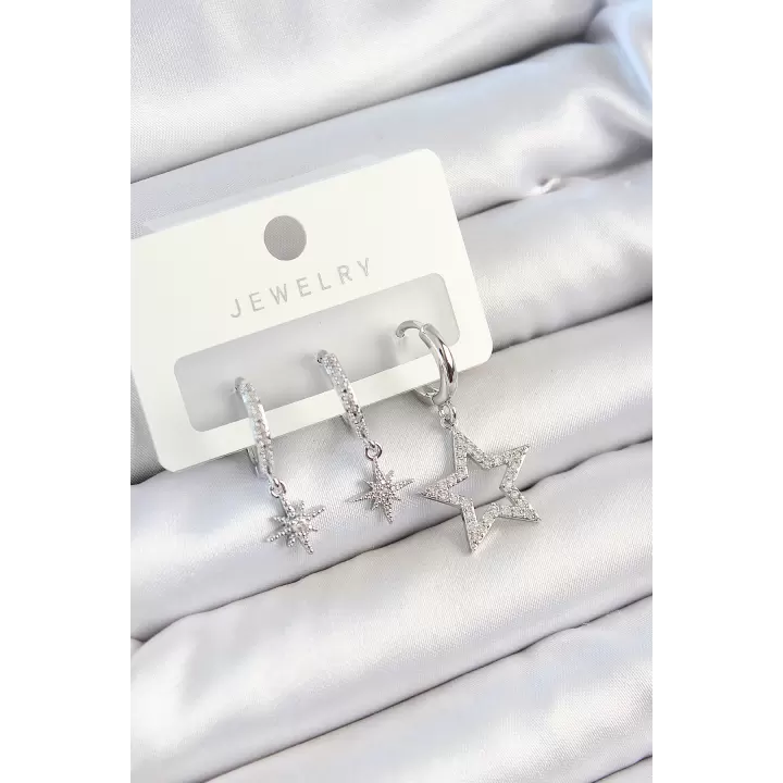 Pirinç Zirkon Taşlı Yıldız Model Gümüş Renk 3lü Çift Kadın Küpe Set