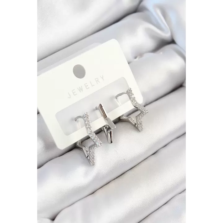 Pirinç Zirkon Taşlı Yıldız Model Gümüş Renk 3lü Çift Kadın Küpe Set