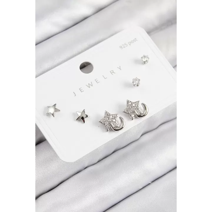 Pirinç Zirkon Taşlı Yıldız Model Gümüş Renk 925 Ayar Gümüş Çivi Kadın Küpe Set