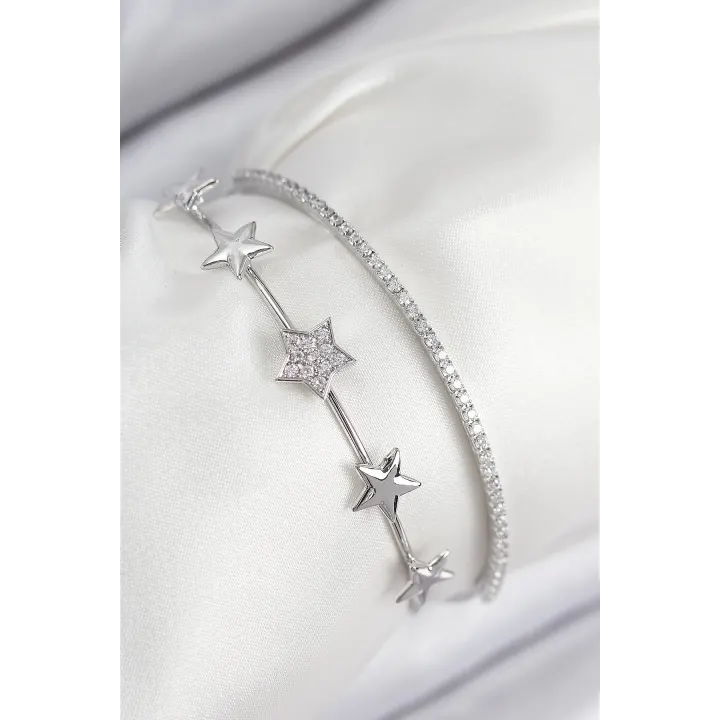 Pirinç Zirkon Taşlı Yıldız Model Gümüş Renk Kadın Bileklik