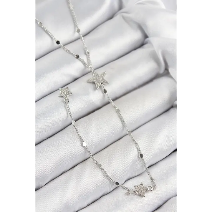 Pirinç Zirkon Taşlı Yıldız Model Gümüş Renk Y Kolye