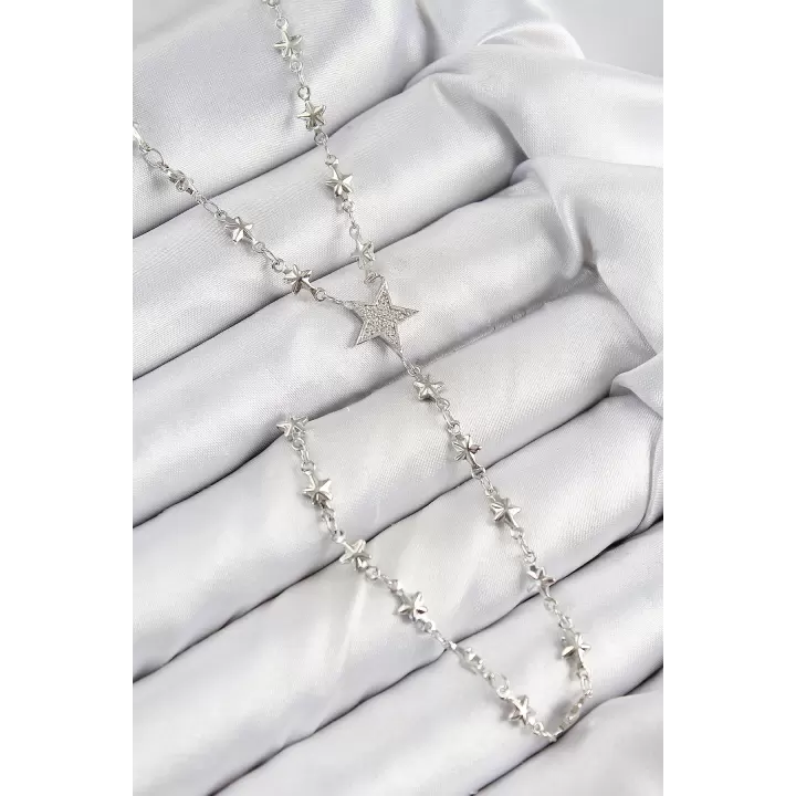 Pirinç Zirkon Taşlı Yıldız Model Gümüş Renk Y Kolye