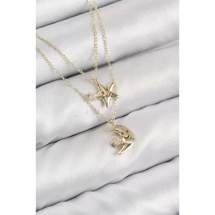 Pirinç Zirkon Taşlı Yıldız Ve Ay Model Gold Renk Kadın Kolye