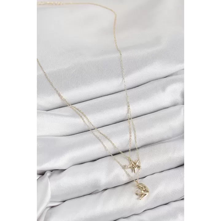 Pirinç Zirkon Taşlı Yıldız Ve Ay Model Gold Renk Kadın Kolye