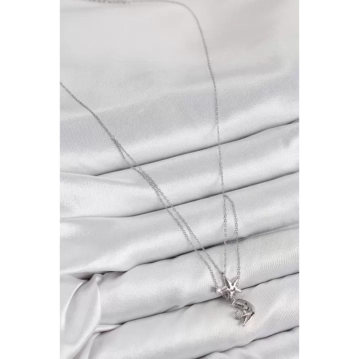 Pirinç Zirkon Taşlı Yıldız Ve Ay Model Gümüş Renk Kadın Kolye