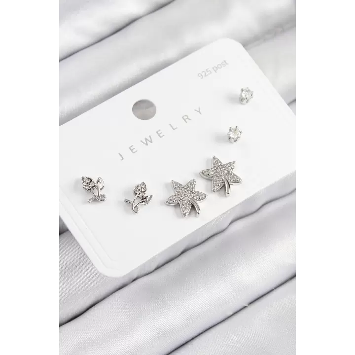 Pirinç Zirkon Taşlı Yıldız Ve Gül Model Gümüş Renk 925 Ayar Gümüş Çivi Kadın Küpe Set
