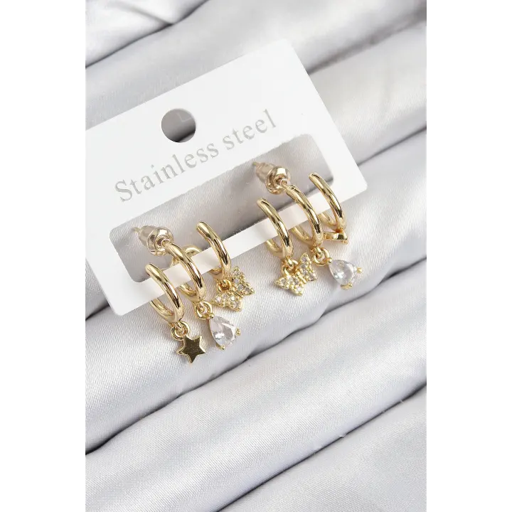 Pirinç Zirkon Taşlı Yıldız Ve Kelebek Model Gold Renk Kadın Küpe