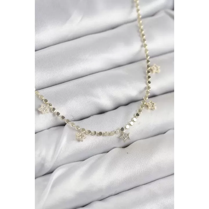 Pirinç Zirkon Taşlı Yıldızlı Ezme Zincir Model Gold Renk Kadın Kolye