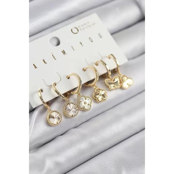 Pirinç Zirkon Taşlı Yonca Model Gold Renk 6lı Küpe Set