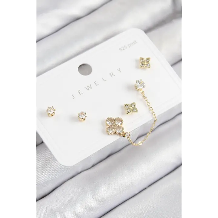 Pirinç Zirkon Taşlı Yonca Model Gold Renk 925 Ayar Gümüş Çivi Kadın Küpe Set
