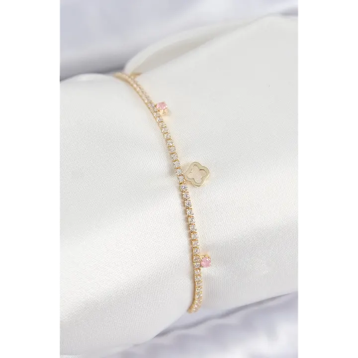 Pirinç Zirkon Taşlı Yonca Model Gold Renk Kadın Bilekilk