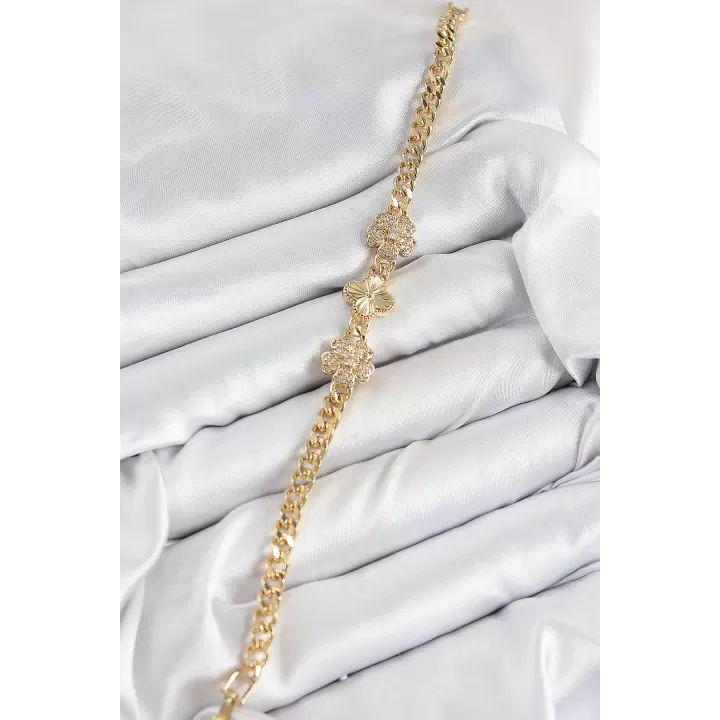 Pirinç Zirkon Taşlı Yonca Model Gold Renk Kadın Bileklik