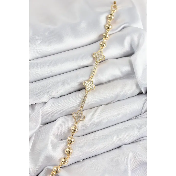 Pirinç Zirkon Taşlı Yonca Model Gold Renk Kadın Bileklik