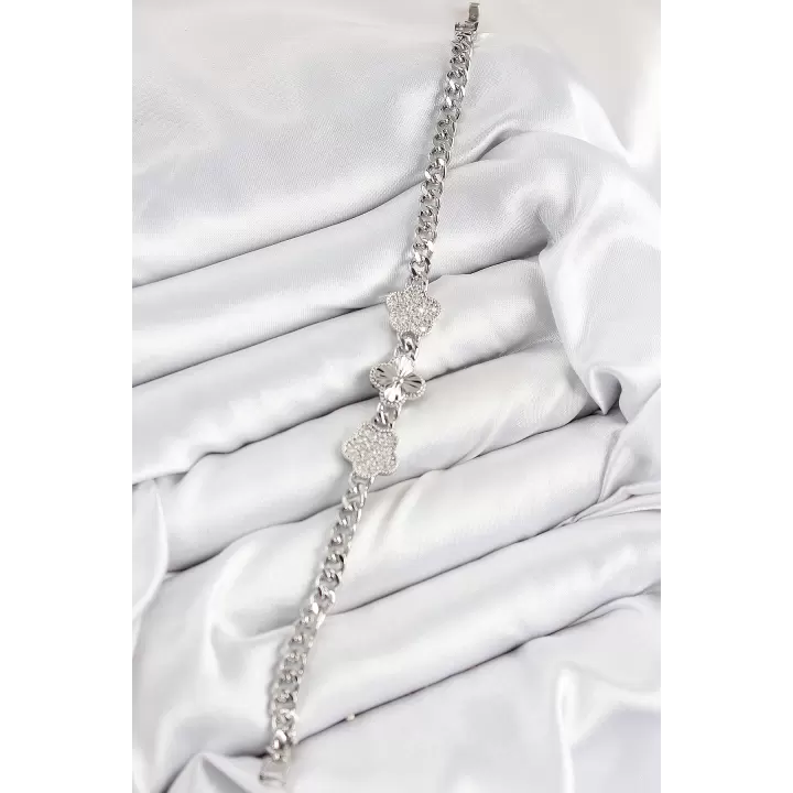 Pirinç Zirkon Taşlı Yonca Model Gümüş Renk Kadın Bileklik