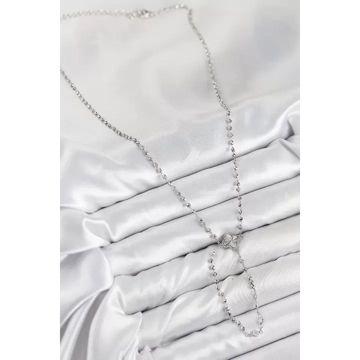 Pirinç Zirkon Taşlı Yonca Model Gümüş Renk Kadın Y Kolye