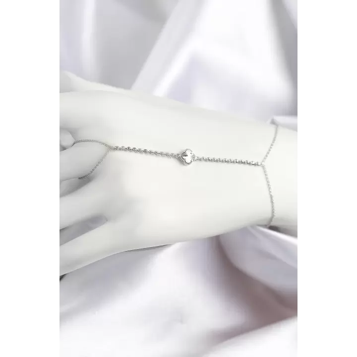 Pirinç Zirkon Taşlı Yonca Model Gümüş Renk Şahmeran