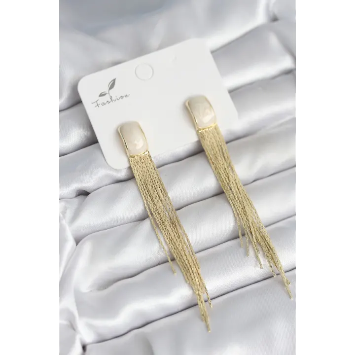 Sallantılı Beyaz Mineli Gold Renk Kadın Küpe