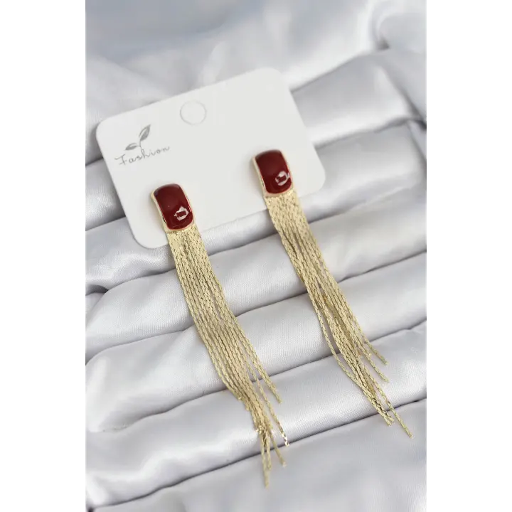 Sallantılı Bordo Mineli Gold Renk Kadın Küpe