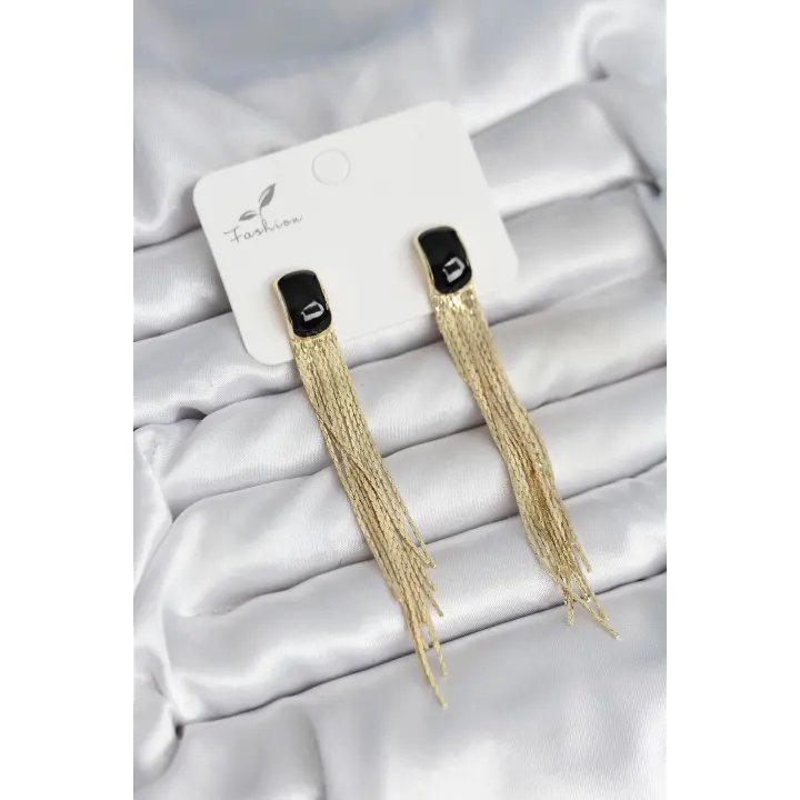 Sallantılı Siyah Mineli Gold Renk Kadın Küpe