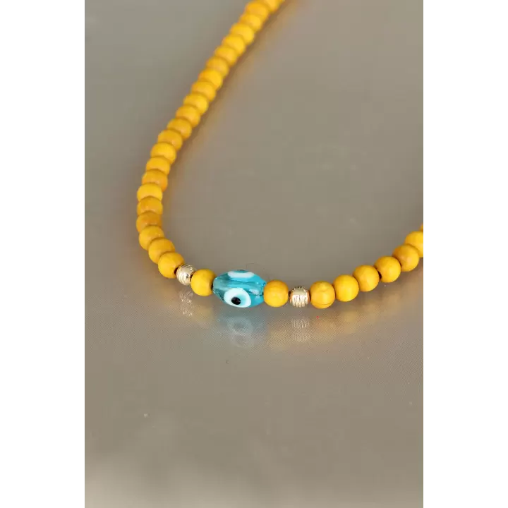 Sarı Renk Tahta Boncuklu Kadın Kolye