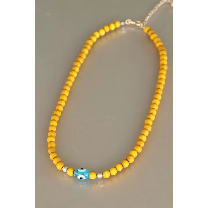 Sarı Renk Tahta Boncuklu Kadın Kolye