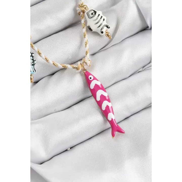 Seramik Motifli Pembe Balık Figürlü Model Krem İp Kadın Kolye