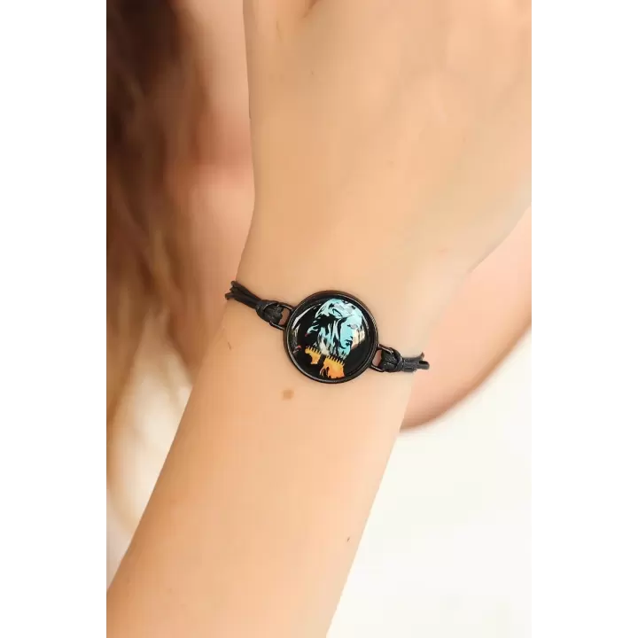Siyah Ayarlamalı İpli Resimli Bayan Bileklik