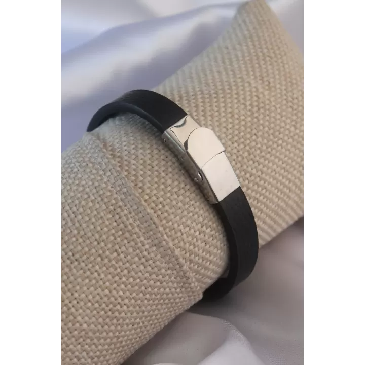 Siyah Metal Çekiç Orak Model Siyah Deri Erkek Bileklik
