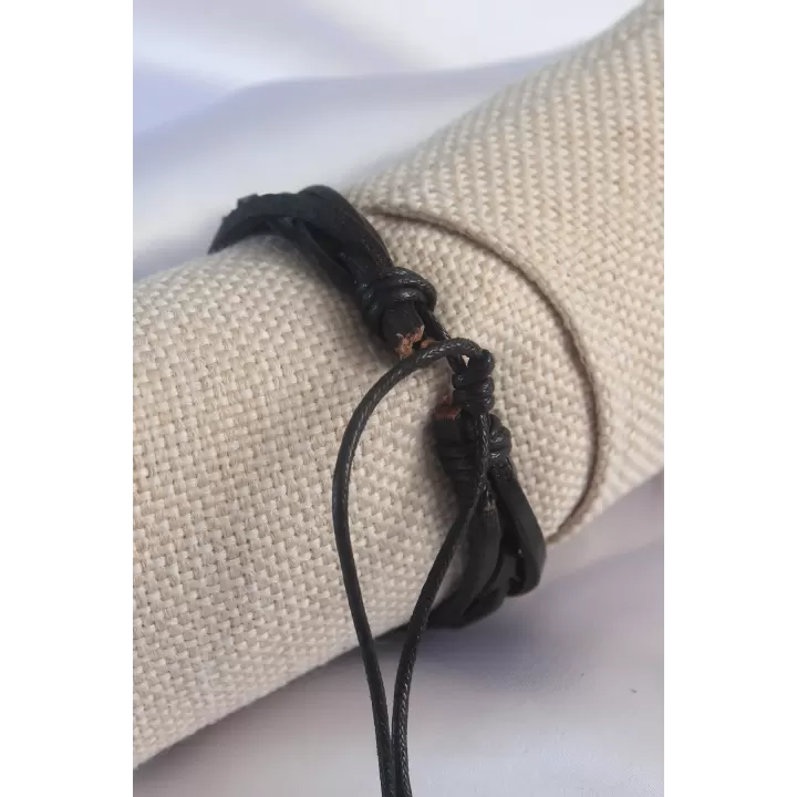 Siyah Ördü Model Deri Erkek Bileklik