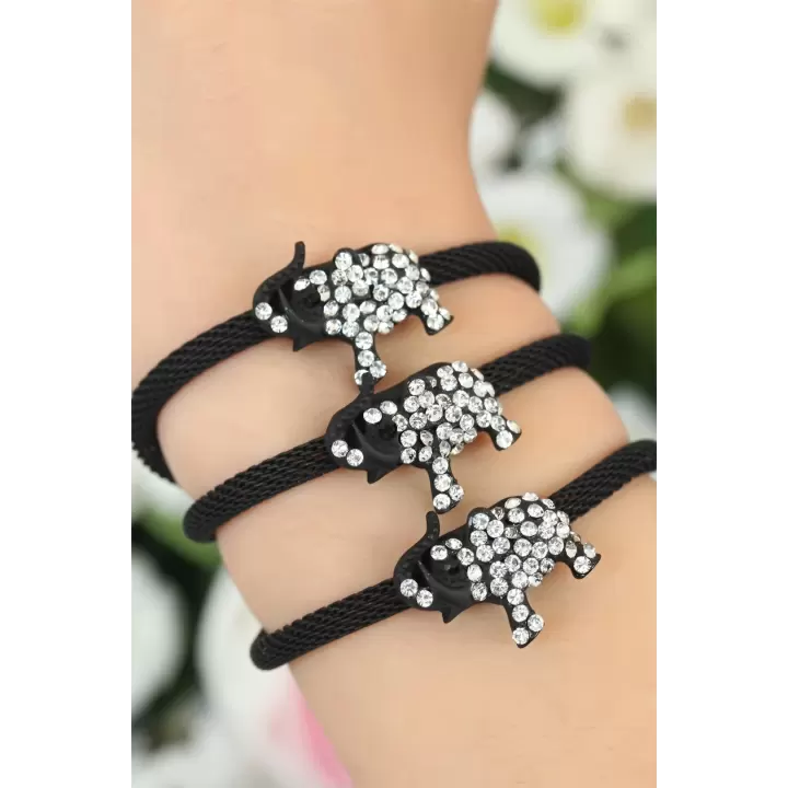 Siyah  Zirkon Taşlı Fil Aksesuarlı Metal Bayan Bileklik