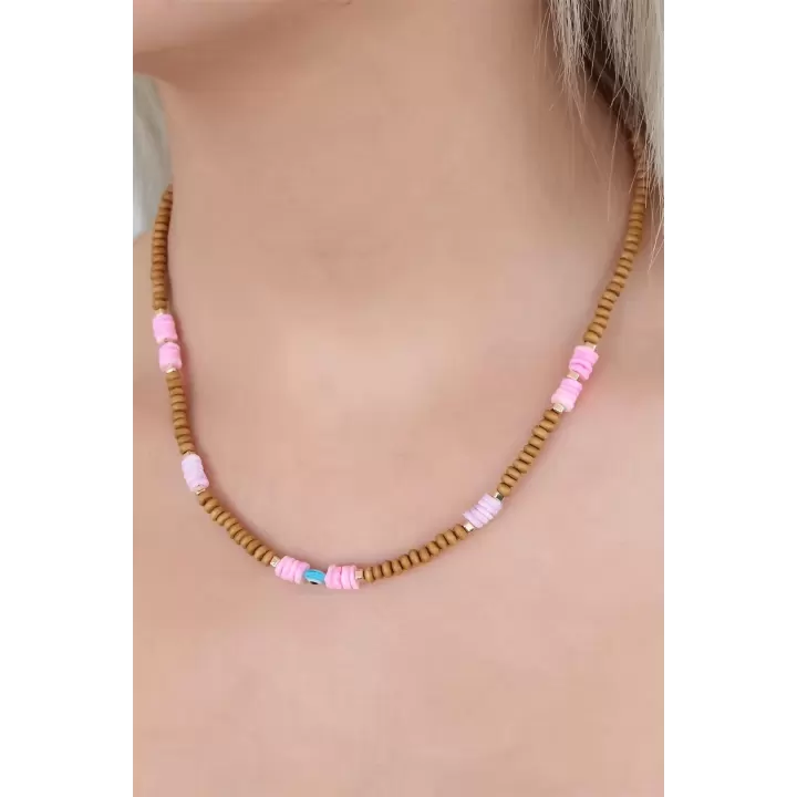 Taba Rengi Boncuklu Nazar Boncuğu Detaylı Bayan Kolye