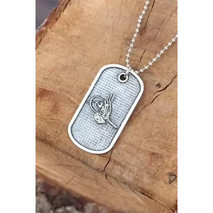 Top Zincirli Osmanlı Tuğrası Tasarım Eskitme Gümüş Renk Kolye