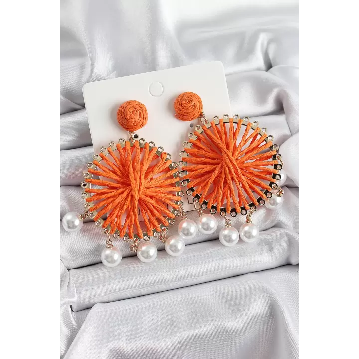 Turuncu Hasır Örgü Sarmal Model Sallantılı İnci Detaylı Gold Renk Kadın Küpe
