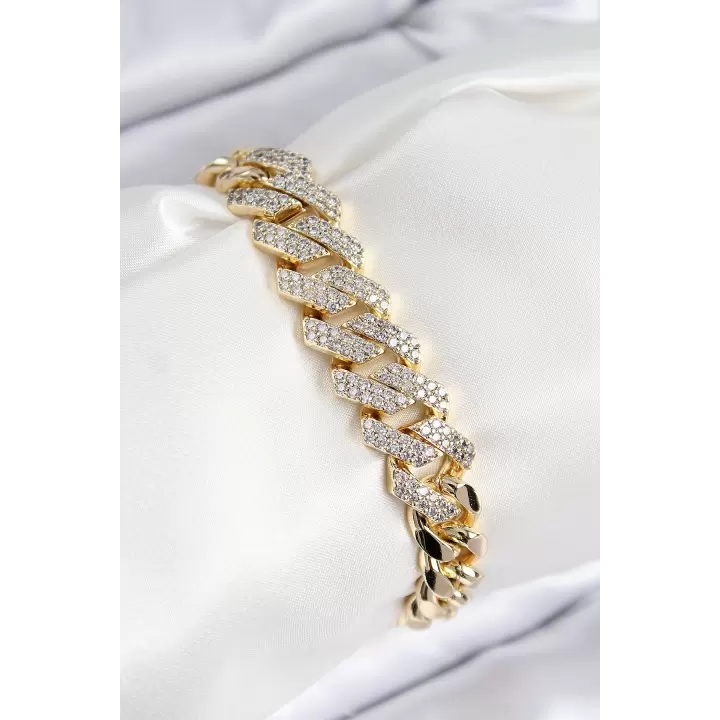 VIP Pirinç Zirkon Taşlı Cuba Model Gold Renk Kadın Bileklik