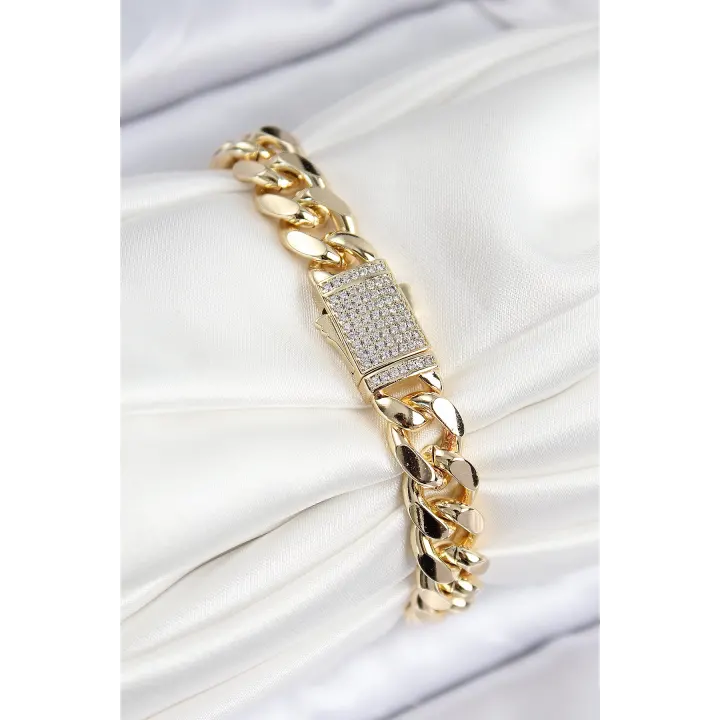 VIP Pirinç Zirkon Taşlı Cuba Model Gold Renk Kadın Bileklik