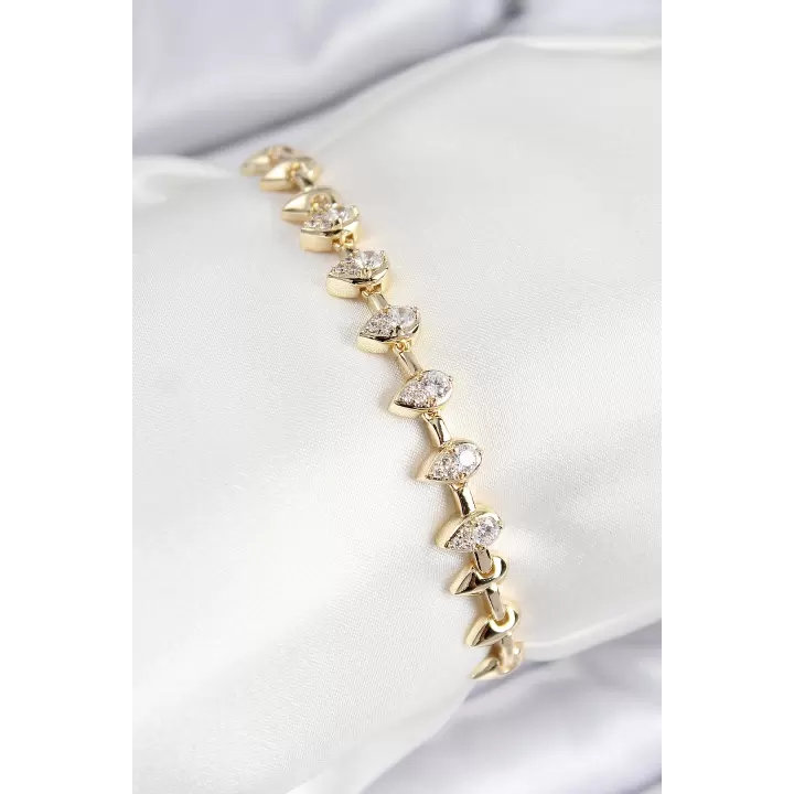VIP Pirinç Zirkon Taşlı Damla Çit Model Gold Renk Kadın Bileklik