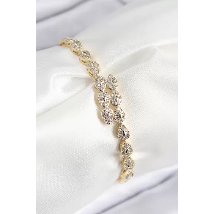 VIP Pirinç Zirkon Taşlı Sıralı Damla Model Gold Renk Kadın Bileklik