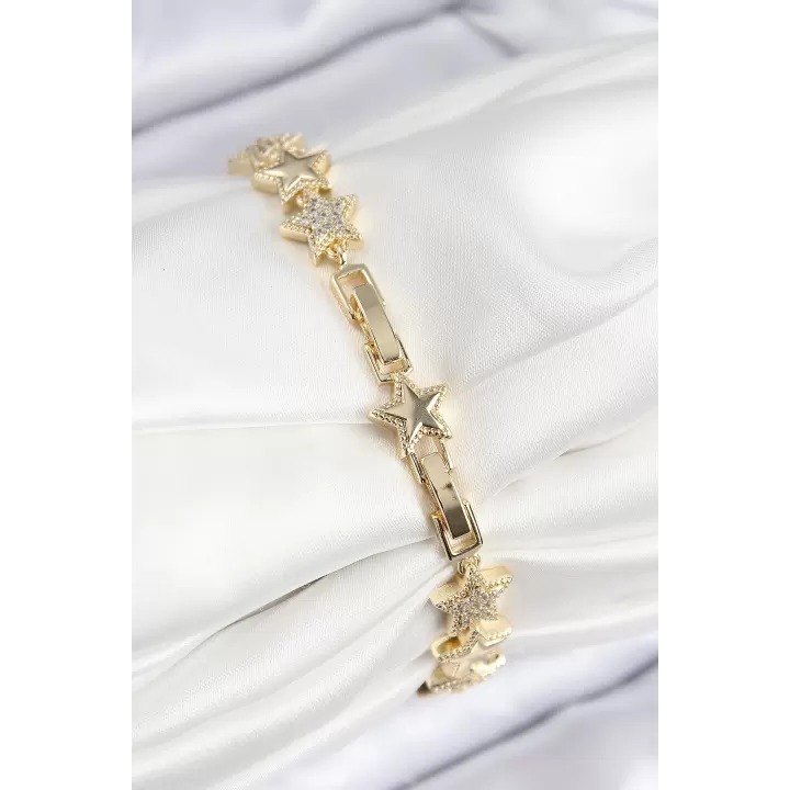 VIP Pirinç Zirkon Taşlı Yıldız Model Gold Renk Kadın Bileklik
