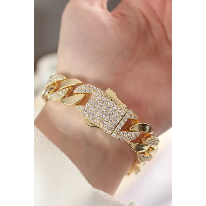 Vip Seri Pirinç Zirkon Taşlı Gold Renk Gurmet Bileklik