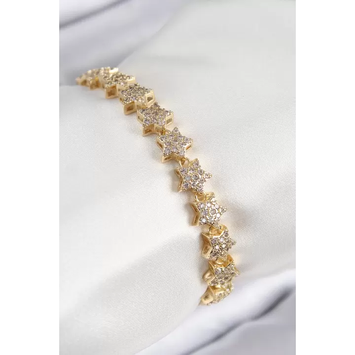 VIP Seri Pirinç Zirkon Taşlı Sıralı Yıldız Model Gold Renk Kadın Bileklik