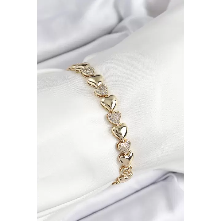 Xuping Pirinç Sıralı Kalp Model Gold Renk Kadın Bileklik