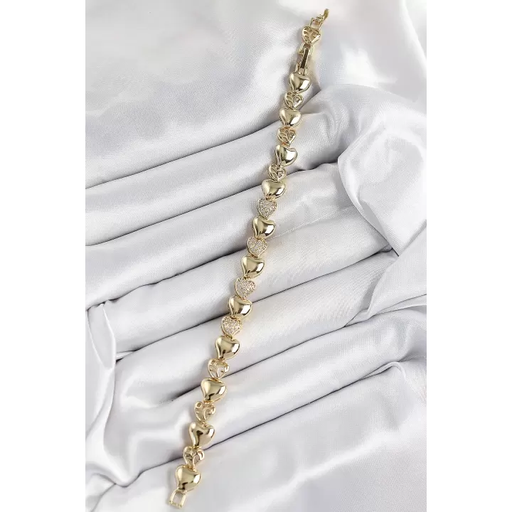 Xuping Pirinç Sıralı Kalp Model Gold Renk Kadın Bileklik