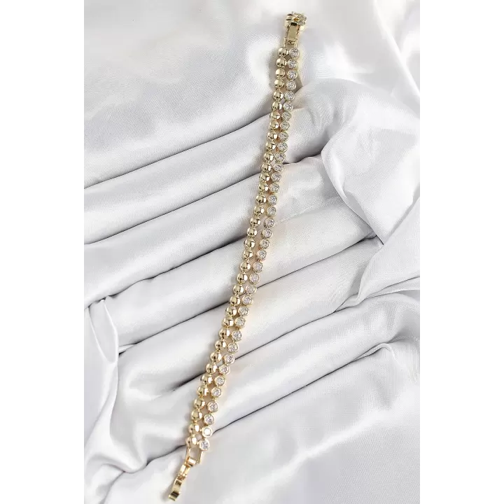 Xuping Pirinç Zirkon Taşlı Çift Görünümlü Model Gold Renk Kadın Bileklik