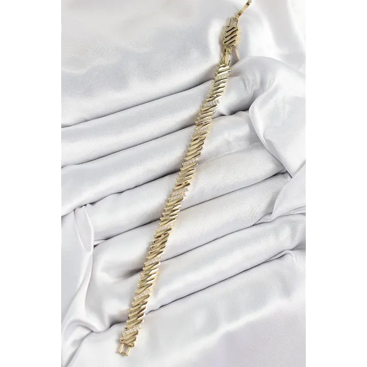Xuping Pirinç Zirkon Taşlı Eğimli Blok Model Gold Renk Kadın Bileklik